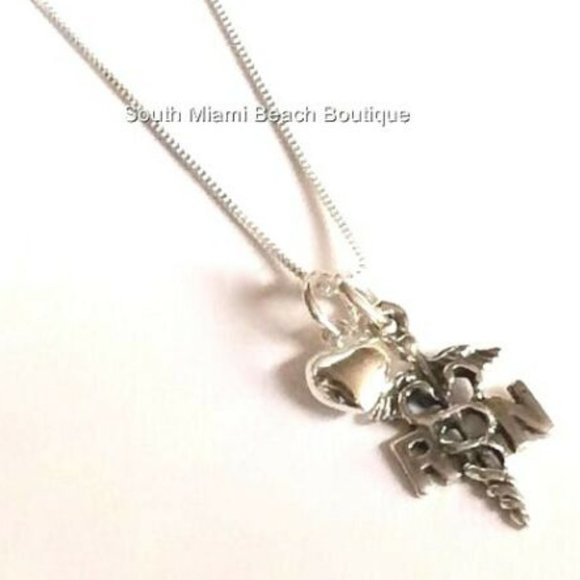 Nursing RN Caduceus Necklace Sterling Silver 925 Puff Heart Graduation Gift - Picture 3 of 12